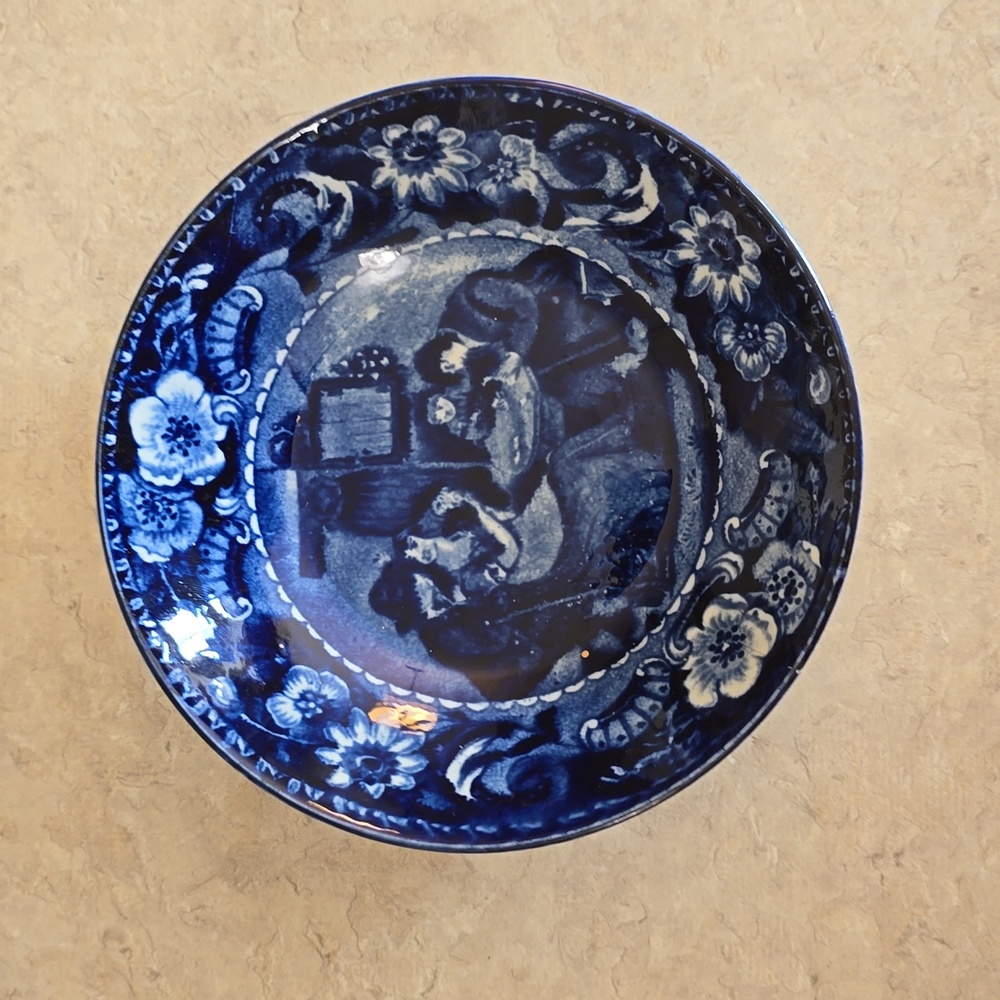 Clews Staffordshire vintage blue and white plate with family sitting at a table